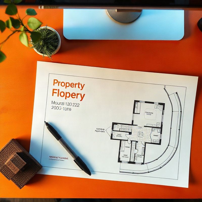 Overhead view of a property floor plan on a warm wooden desk