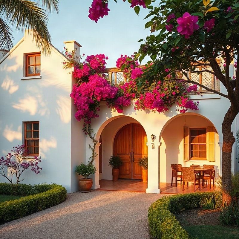 Whitewashed Mombasa maisonette with bougainvillea in warm afternoon light