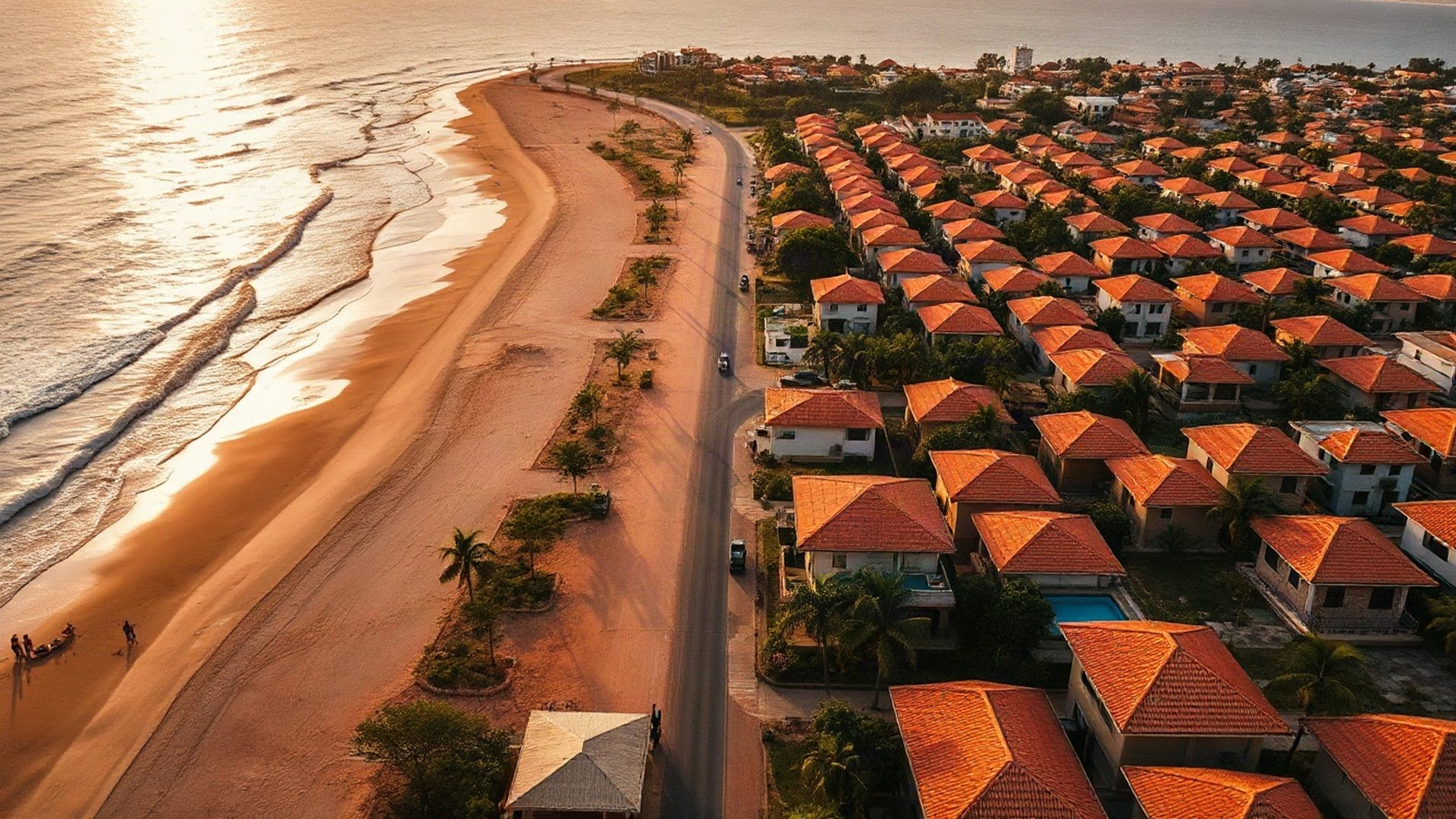 Aerial view of the Nyali beachfront in Mombasa at golden hour